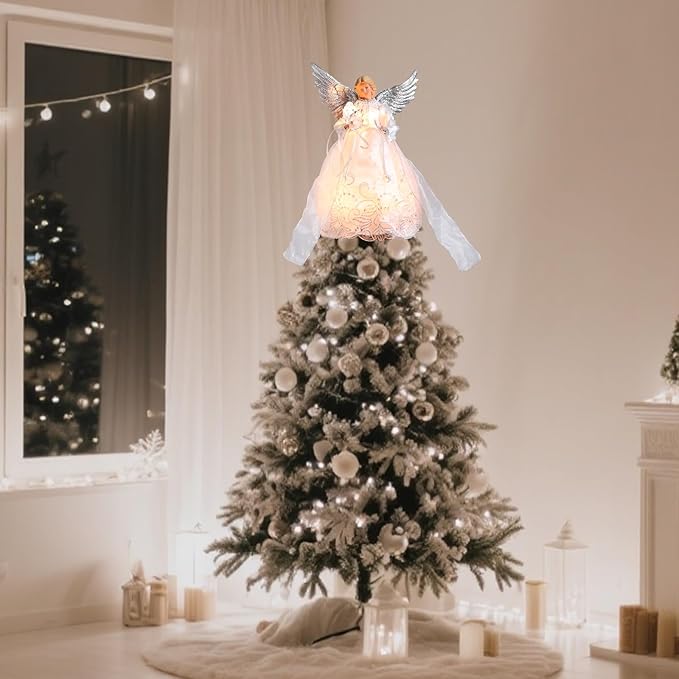 Vigdur Christmas Angel Tree Topper - 13Inch Lighted Angel Christmas Tree Topper Plug-in with LED Lights, Elegant Angel Christmas Decorations for Home Holiday Party Wedding Xmas Gifts