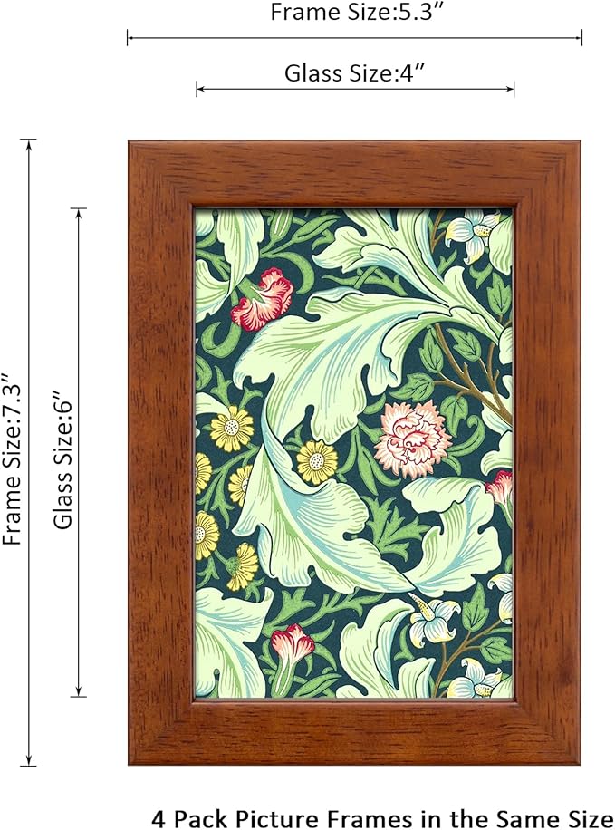 4x6 Picture Frame Set of 4 Made of Solid Wood Photo Frame with Real Glass for Pictures 4x6 Without Mat, Wall Mount or Tabletop Gallery Photo Frames, Brown