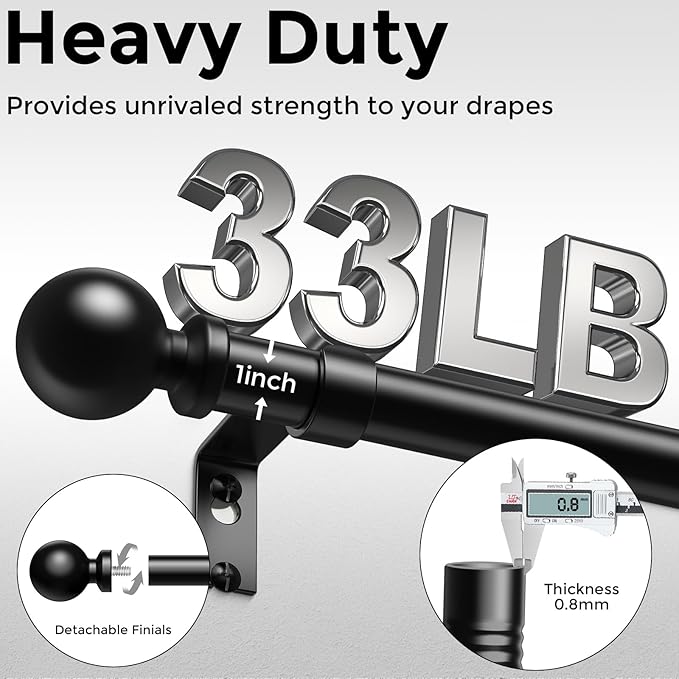 2 Pack Curtain Rods 48 to 84 Inch, Black 1 Inch Adjustable Heavy Duty Curtain Rods for Windows, Decorative Modern Window Treatment Rod, Splicing Metal Drapery Pole, Easy Installation