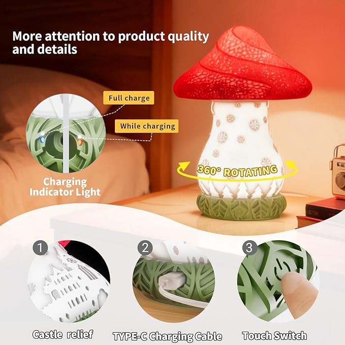 Table Lamp for Bedroom - USB C Charging Mushroom Lamp with 360° Rotating Lampshade, Touch Control 3 Color Temperatures Nightstand Lamp for Dinning Room, Living Romm, Dorm