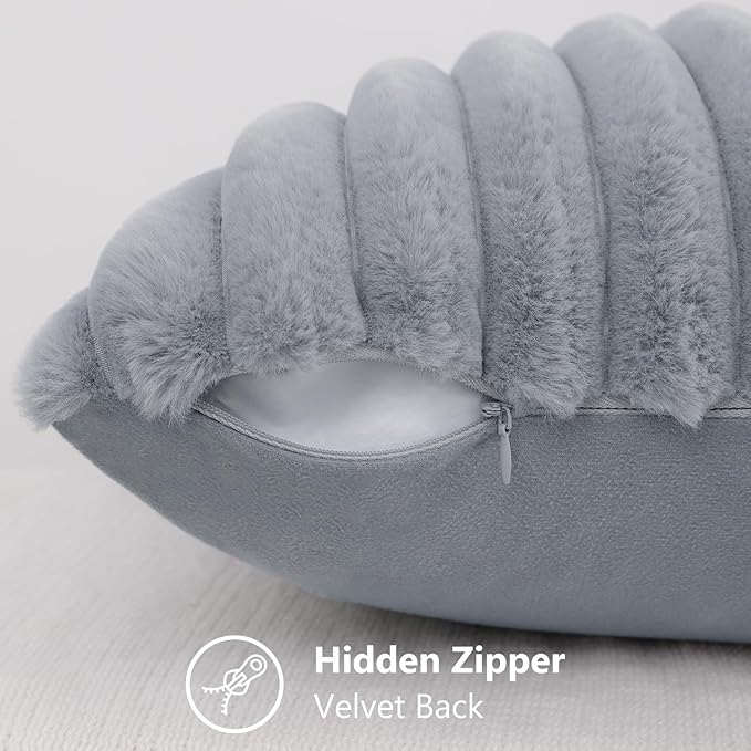decorUhome Faux Fur Christmas Throw Pillow Covers 18x18 Set of 2, Decorative Soft Plush Striped Neutral Couch Euro Pillow Covers with Velvet Back for Sofa, Bed, Living Room Home Decor, Grey