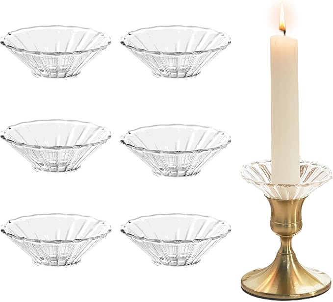 6 Pcs Candle Wax Catcher, Glass Bobeches, Round Candle Drip Protector for Taper Candlestick Candle Holder (Clear, Daisy)