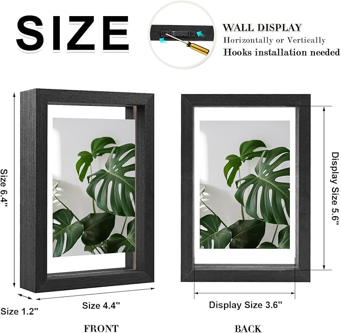 Egofine 4x6 Floating Frames Set of 2, Double Plexiglass Picture Frame, Made of Solid Wood Display Any Size Photo up to 4x6, Wall Mount or Tabletop Standing, Faded Black