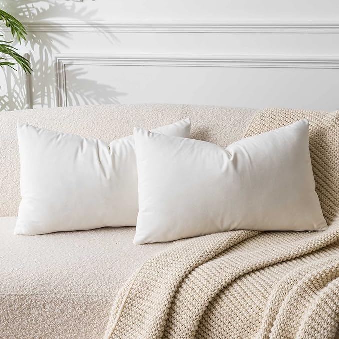 JUSPURBET Cream White Velvet Pillow Covers Set of 2 Decorative Throw Pillow Covers for Couch Sofa Bed Soft Lumbar Cushion Covers Cases with Hidden Zipper for Living Room Home Decor,12x20 inch