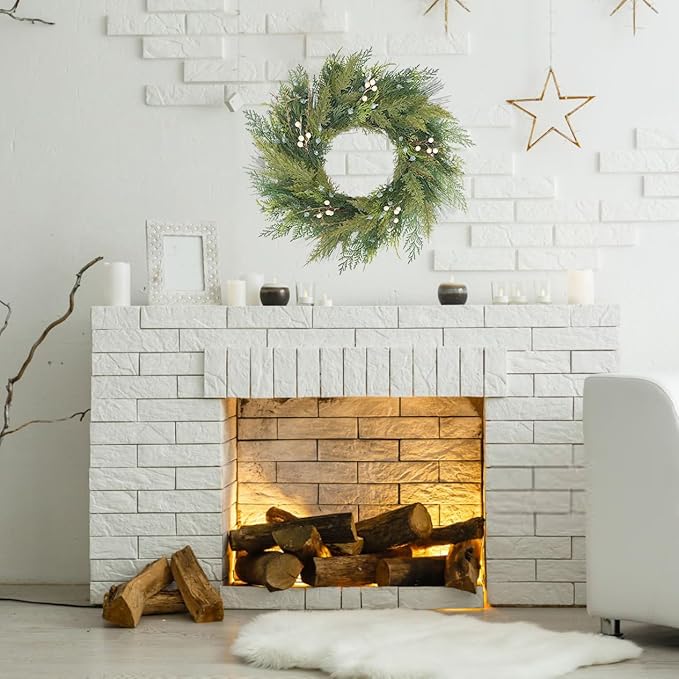 20” Green Faux Pine Christmas Winter Wreath with Cypress Cone, Twig & White Berry – Mixed with Real Look Fake Cedar & Spruce, Xmas Wreaths for Front Door Porch Mantel & Fireplace
