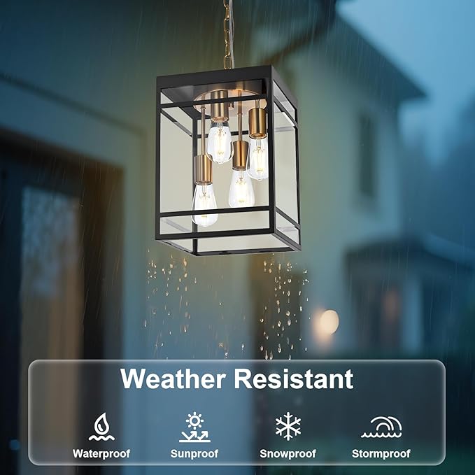 4-Light Outdoor Pendant Lights for Porch, Black & Brushed Brass Outdoor Chandelier 15.7'' Exterior Hanging Porch Light Fixtures w/Clear Glass, Waterproof Outside Pendant Lantern for Garage