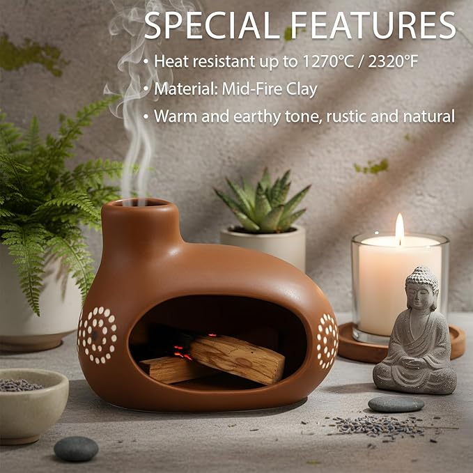 Palo Santo Sticks Holder, Handmade Ceramic Palo Santo Holder Burner for Burning Cone or Resin Incense, Smudge Sticks and Tealight, Chiminea Incense Holder for Meditation, Cleansing Negative Energy