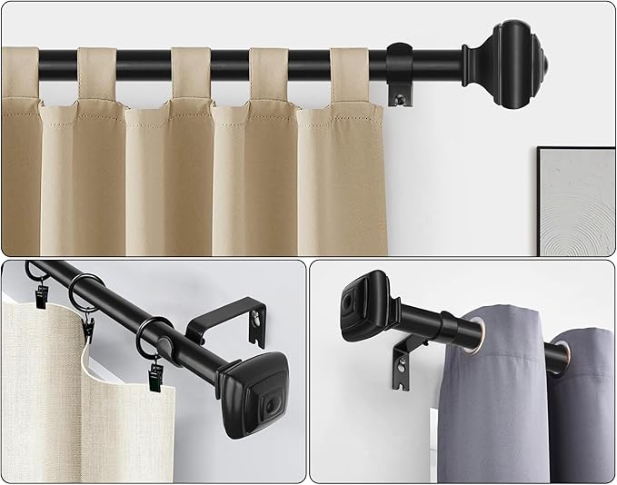 Black Curtain Rod 32 to 58 Inch(2.6 to 4.8 ft) with Brackets, USFOOK 7/8 Inch Splicing Single Curtain Rods for Windows 20 to 54 In, Adjustable Decorative Curtain Pole with Square Finials