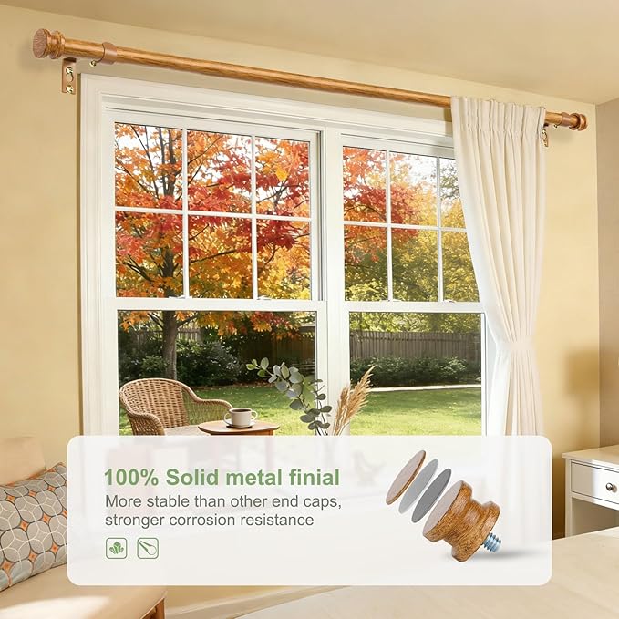 Sturdy Durable Curtain Rod:Faux Wood Curtain Rods for Windows 36-88",Adjustable Heavy Duty Curtains Rod for Bedroom/Kitchen/Apartment/Door,Small Decorative Farmhouse Boho Drapery Rods,All-Metal