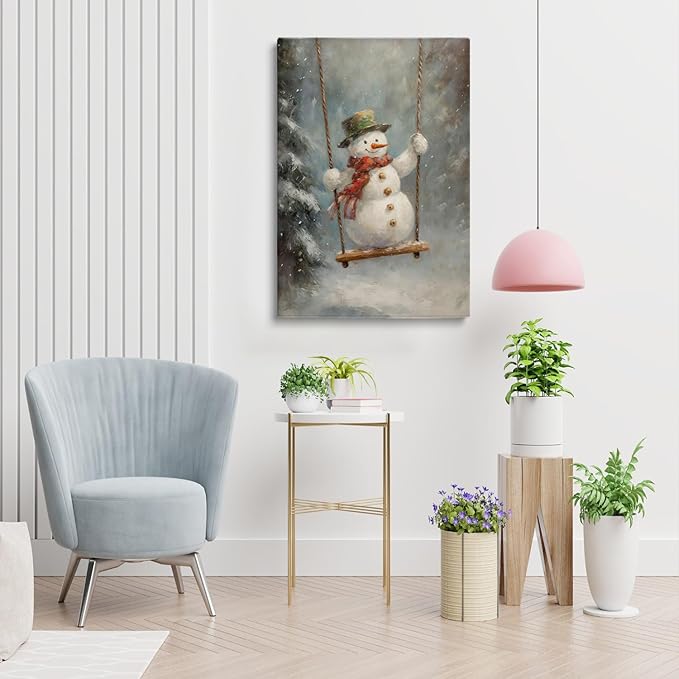 Funny Christmas Wall Art - Swinging Snowman Poster, Winter Seasonal Decor Art, 16x24inch Unframed