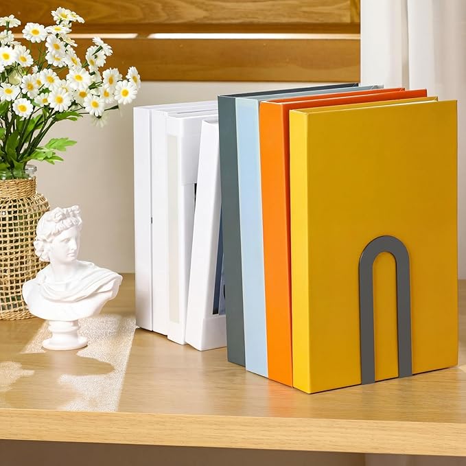 Chunful 6 Pcs Modern Metal Book Ends for Shelves Decorative Small Bookends Book Shelf Organizer Minimalist Design Stopper to Hold Books for Home Office (5.5 * 3.75 * 2.25inch,Gray)