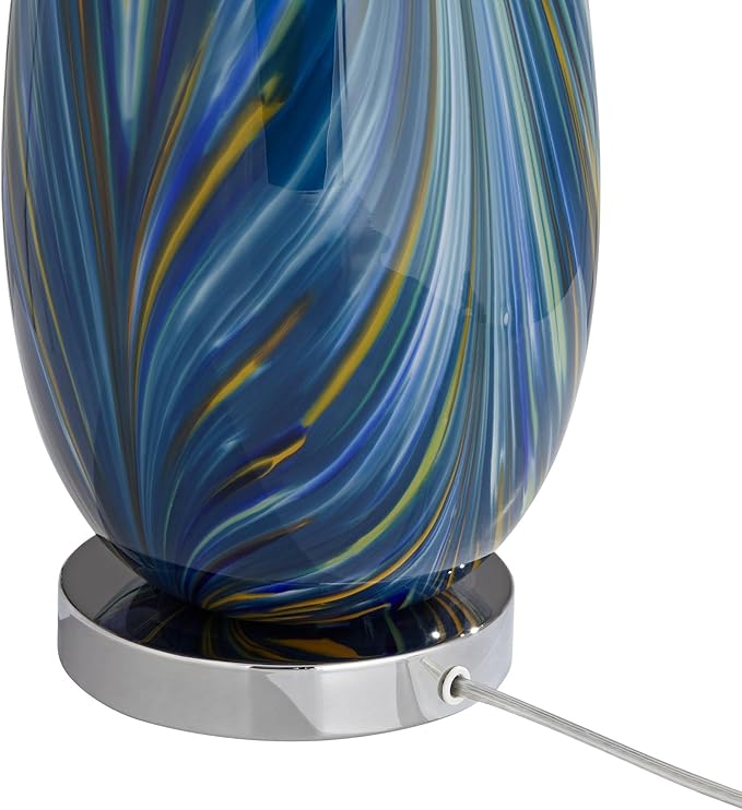 Possini Euro Design Pablo Modern Style 3-Way Table Lamp with Table Top Dimmer 27" Tall Multi Color Blue Art Glass Fabric Drum Shade for Living Room Bedroom Bedside Nightstand Home (Color May Vary)