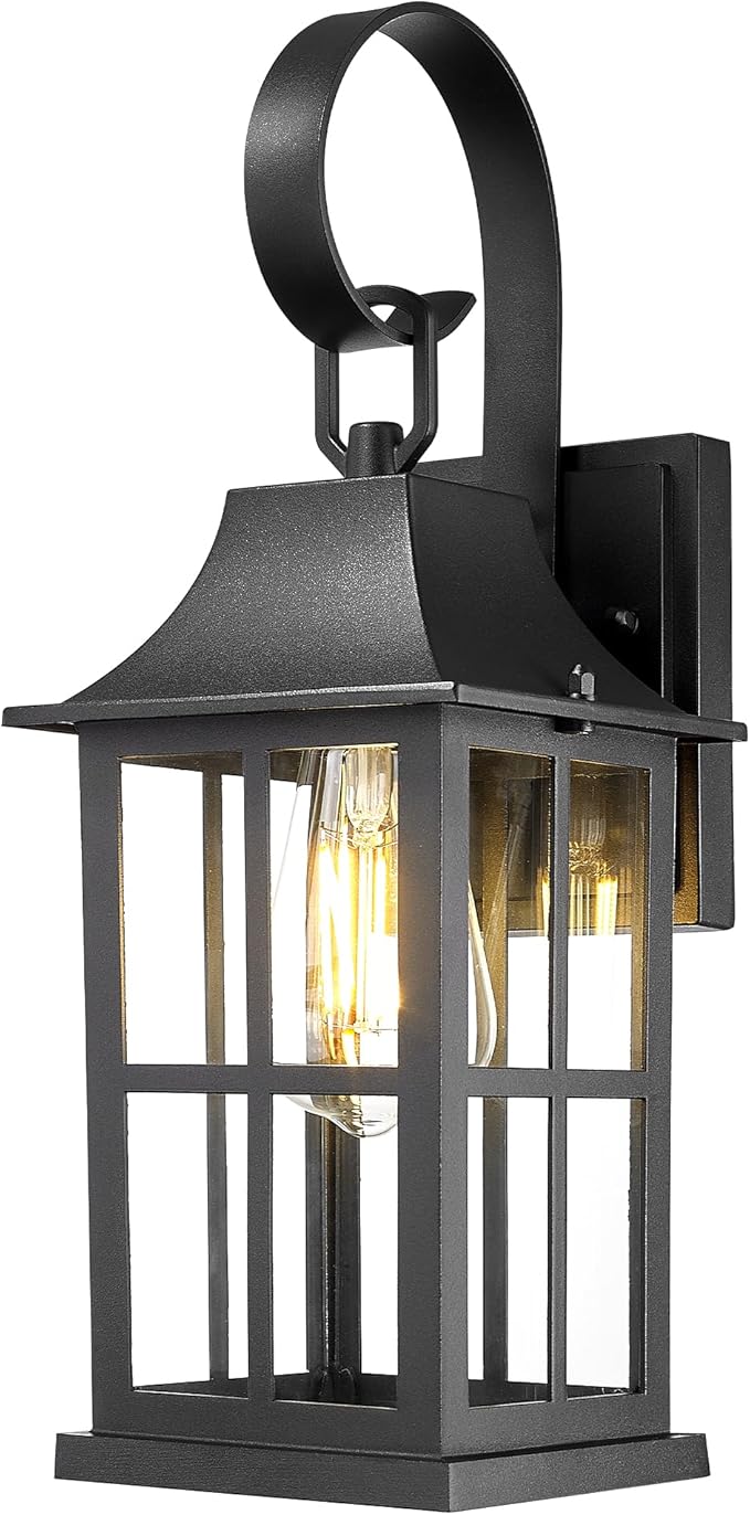 Emliviar Outdoor Porch Light Wall Mount, 15.4 Inch Patio Wall Light Fixture in Black Finish, Outside Light with Clear Glass for Garage, YXE306B BK