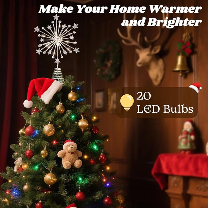 Lewondr Christmas Tree Topper, 13'' Metal Twinkly Xmas Starburst Tree Topper with 20 LED Bulbs, USB Powered Lighted Star Treetop for Christmas Ornament, Remote Control, 6H Timer, 8 Light Modes, Silver
