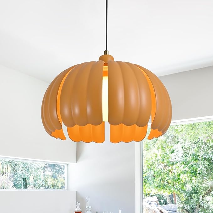 Mid Century Modern Pendant Light Fixture, 14.5 inch Pumpkin Orange Ceiling Light with Wheat Straw Material Shape, Semi Flush Mount Ceiling Lamp for Kitchen Island, Dining Table, Hallway Lighting