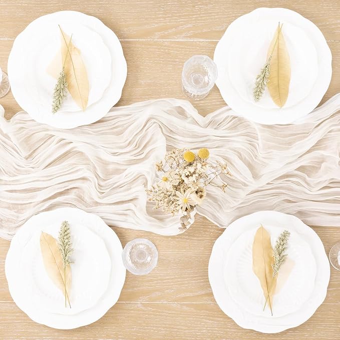 MLMC Ivory White Table Runner Rustic Gauze Cheesecloth Valentines Table Runner 10ft Cheese Cloth Centerpiece Decor 35x120 Inches for Dessert Anniversary Wedding Bridal Baby Shower Decor