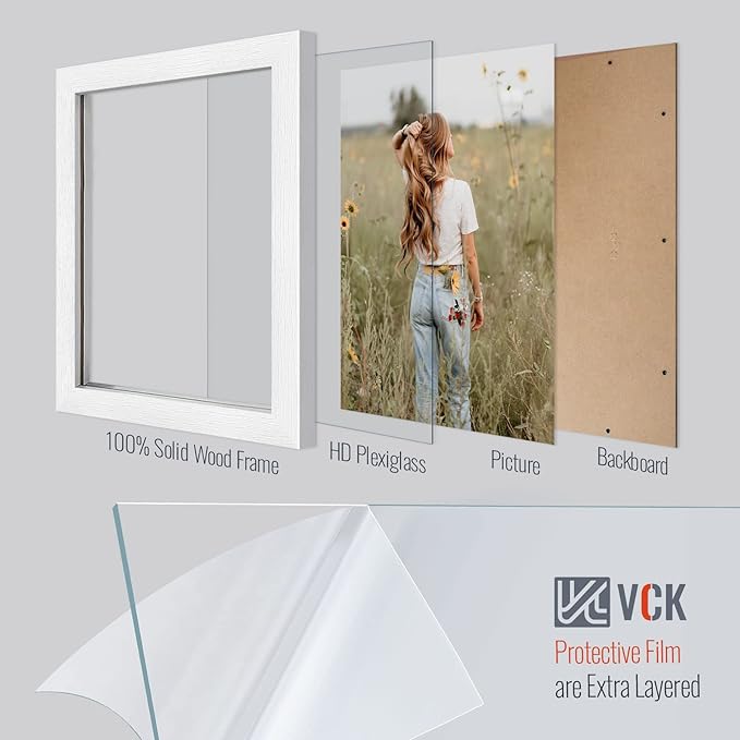 VCK 11x14 Picture Frame Set of 4 - White, Gallery-Quality Wood Poster Frames, 1.1-Inch Wide Border, Polished Plexiglass, Vertical or Horizontal Wall & Tabletop Display for Photo/Art/Prints, White