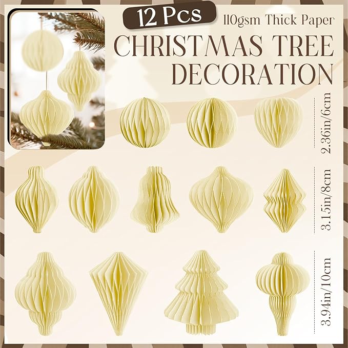 12Pcs Beige Paper Christmas Party Decorations, 3D Honeycomb Paper Hanging Ornaments with Glitter, Boho Finial Honeycomb Lantern Neutral Ornaments for Christmas Trees Winter Wonderland Party