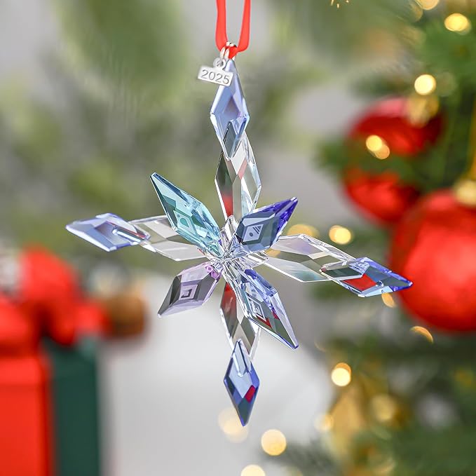 2025 Crystal Snowflake Ornaments Glass Christmas Star for Tree Window Hanging with Bead Chains and Ribbons