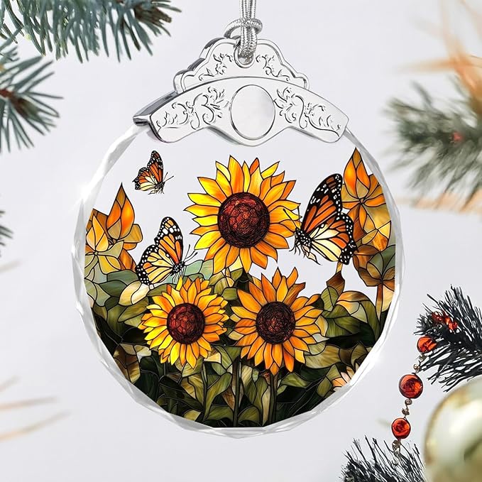 Christmas Ornaments - Sunflowers Stained Glass Ornament - Xmas Decor - Ornaments for Christmas Tree - Holiday Presents - Gift Exchange Ideas - Car Hanging Decoration - Wine Bottle Decor