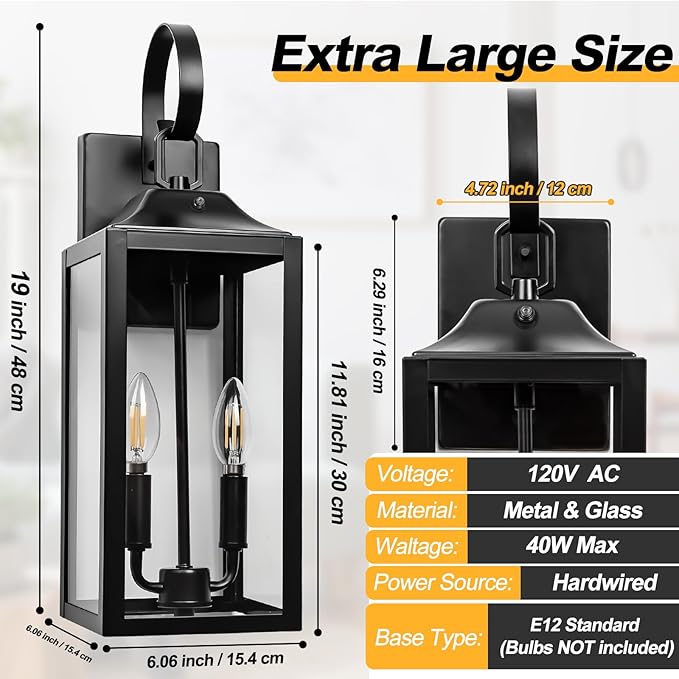 Black Dusk to Dawn Outdoor Wall Lantern 2-Light, 19" Large Outside Modern Wall Sconce Light Fixture, Industrial Porch Light Wall Mount with Glass, Waterproof Farmhouse Exterior Lamp Lighting, 2 Pack
