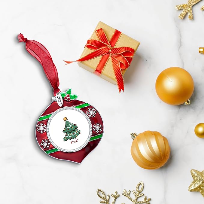 2025 Christmas Tree Ornament Picture Frame Metal Hanging Pendant Holiday 2" Photo Frame Charm Decorative of Pets, Baby First Christmas, Family (2025 Style 5)