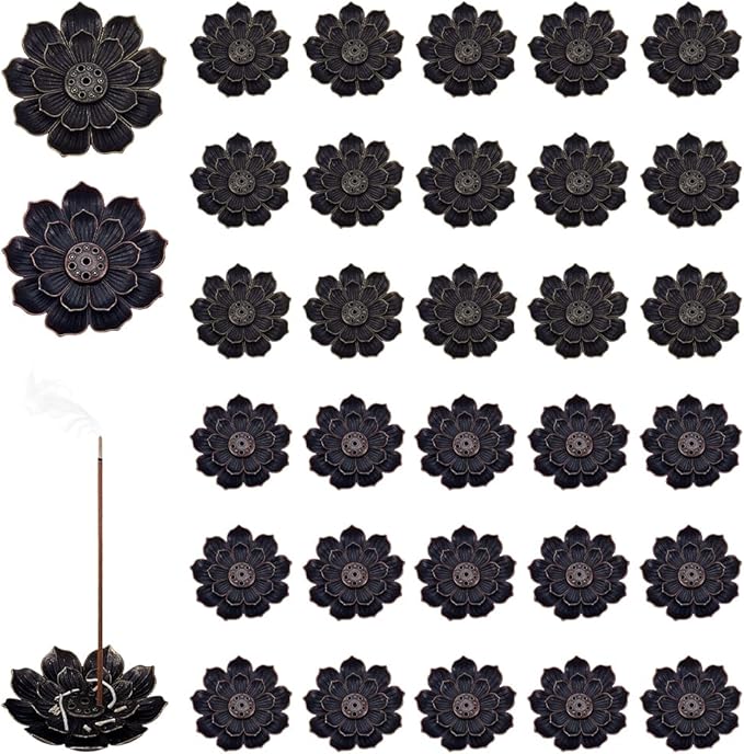 WADORN 32Pcs Lotus Incense Holder, 2 Colors Alloy Incense Burner with 6 Holes Cone Burner Ash Catcher with Incense Stick Tray for Home Fragrance Yoga Sauna Meditation SPA Bedroom Decor