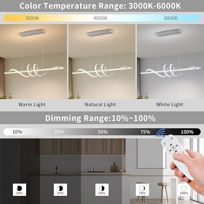Modern LED Pendent Lights Kitchen Island,3000k-6000K Adjustable Color Dining Room Light Fixture,Dimmable with Remote Control Aluminum for Kitchen, Living, Dining,Bedroom(47in Chrome Silver