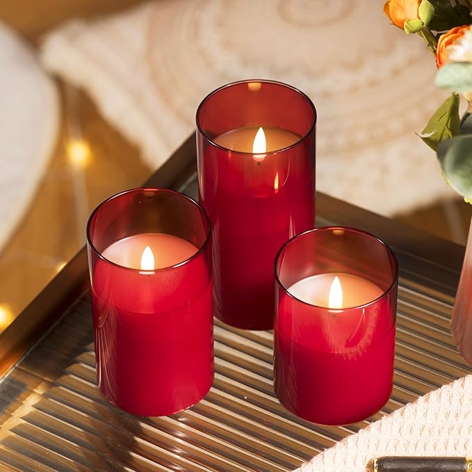 Tyawon Glass Battery Operated LED Flameless Candles with Remote and Timer, Real Wax Candles Warm Color Flickering Light for Festival Wedding Home Party Decor(Pack of 3)-Red