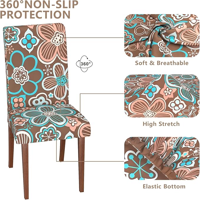 Stretch Dining Chair Covers Set of 6,Floral Print Chair Covers,Soft Removable Washable,Pet Friendly Furniture Protector,Universal Chair Slipcovers for Home, Kitchen,Ceremony Dining Room Seat