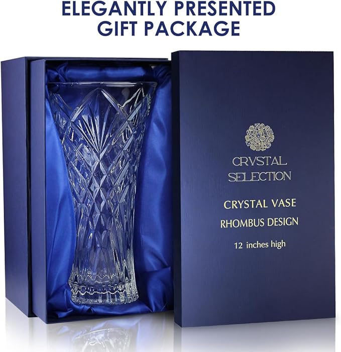 CS Crystal Vase 12-inch high, Rhombus Design, for Flowers & Decor. Lovely Nice Shiny Piece. Perfect as a Gift, Suitable for All Occasions.