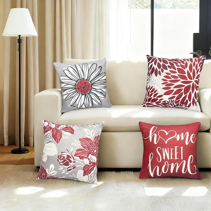 Decorative Throw Pillow Covers Set of 4 Wine Red Pillow Covers 20x20 inch Throw Pillow Cases Linen Square Pillow Case,Farmhouse Outdoor Modern Boho Pillow Covers for Couch Sofa Living Room