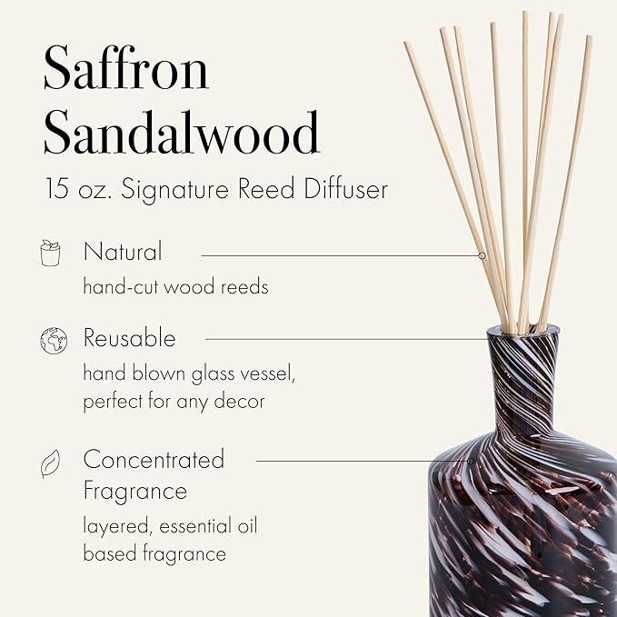 LAFCO New York Signature Fall Reed Diffuser, Saffron Sandalwood - 15 oz - Up to 9 Months Fragrance Life - Reusable, Hand Blown Glass Vessel - Natural Wood Reeds - Made in The USA