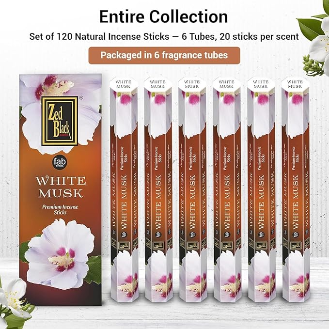 ZED Black White Musk Incense Sticks - 20 Sticks per Box & 6 Boxes Inside (Total 120 Sticks) |Premium Quality Incense Sticks for Relaxation & Yoga.