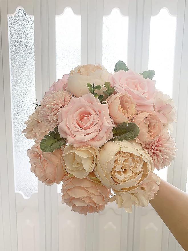 Peonies Artificial Flowers Pink Silk Roses Bulk for DIY Wedding Bouquet Bridal Shower Decorations Fake Floral Arrangements Party Table Centerpieces Home Decor Indoor Blush Peach Box 20pcs