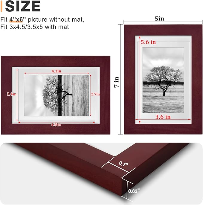 Egofine 4x6 Frames Set of 4, Made of Solid Wood Covered by Plexiglass 3x4.5 and 3.5x5 with Mat or 4x6 without Mat, for Table Top Display and Wall Mounting Photo Frame, Cherry Red