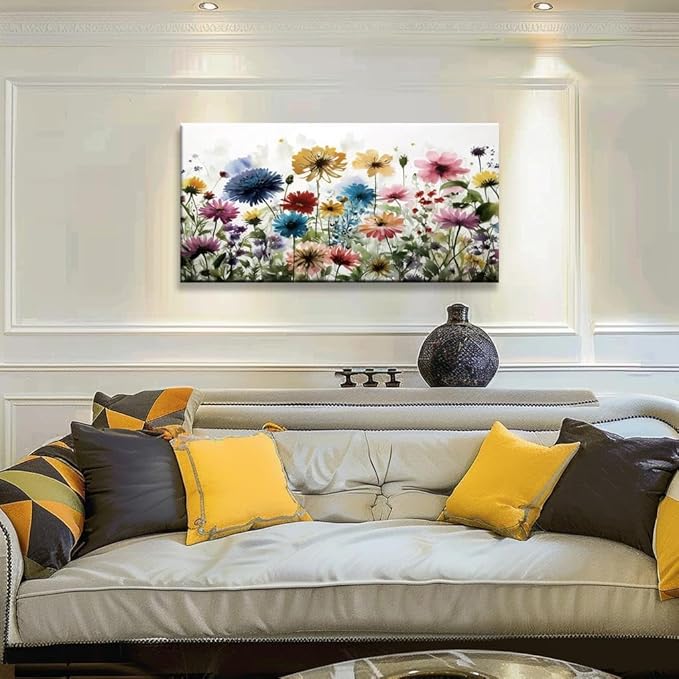 KZKU Flower Wall Art Canvas Prints Home Decor for Living Room Dining Room Bedroom Office Bathroom Multi-colored Watercolor wildflowers Pictures Wall Decor 20" x 40" Artwork