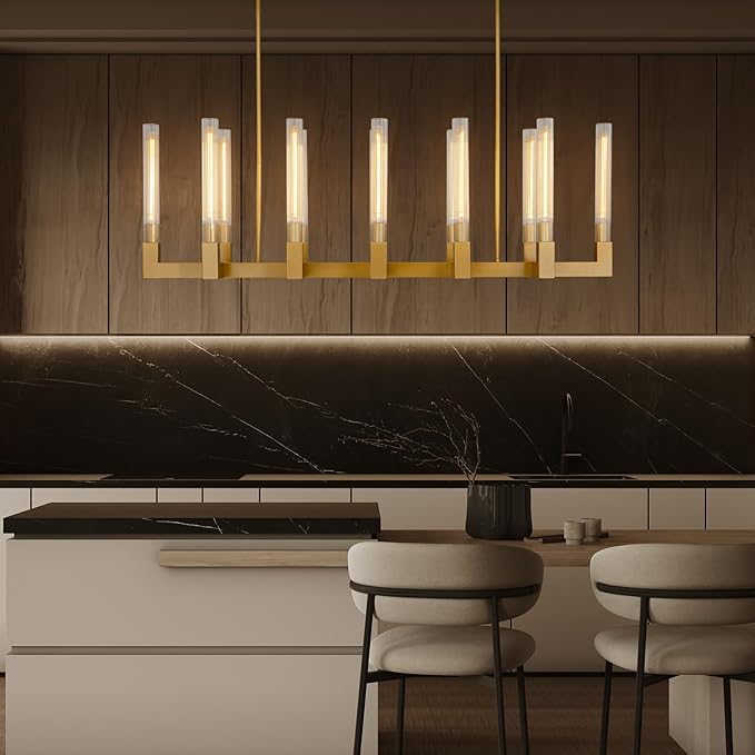 Farmhouse Chandelier with Glass Tube, Gold 12-Lights Modern Chandeliers Over Table 54''Rectangular Luxurious Large Ceiling Pendant Lighting Fixture for Dining Living Room, Foyer