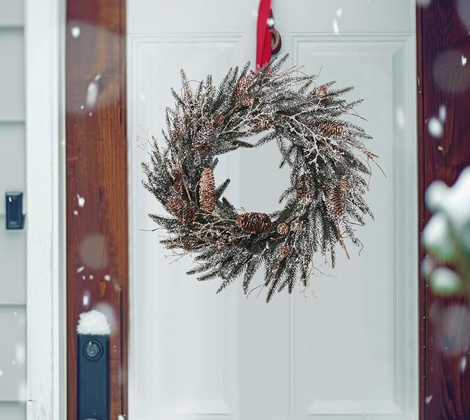 24 Inch Snow Flocked Norfolk Pine Winter Wreath with Twig & Pinecone- Artificial Winter Wreaths for Front Door Porch Wall Window Porch Fireplace Outdoor Decor