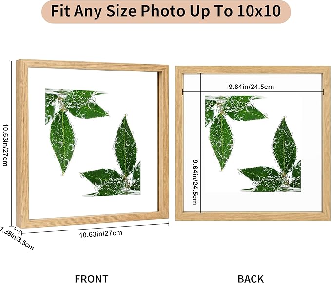 10x10 Floating Picture Frame Set of 2, Double Glass Photo Frame Wooden Frame for Wall Mount or Tabletop Displays for 5x7, 6x8, 7x9 inch Pictures, Plane Edge Frames, Natural