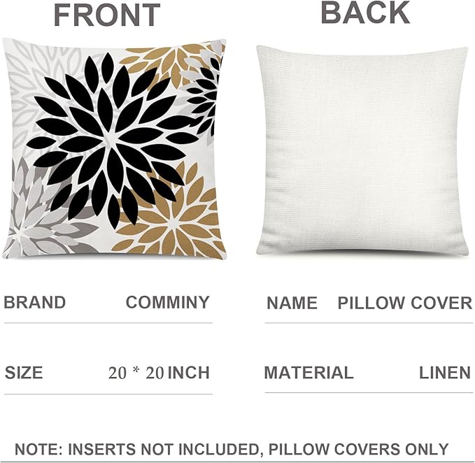 COMMINY Brown Black Pillow Covers 20x20 Set of 6, Daisy Flower Throw Pillow Cover Case Rustic Square Cushion Cover for Sofa Bedroom Living Room Farmhouse Home Decor