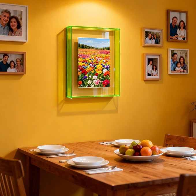 5x7 Acrylic Picture Frame Neon Floating Photo Frame for Wall Mount and Tabletop Decorative in Gallery Home Office, Neon Green