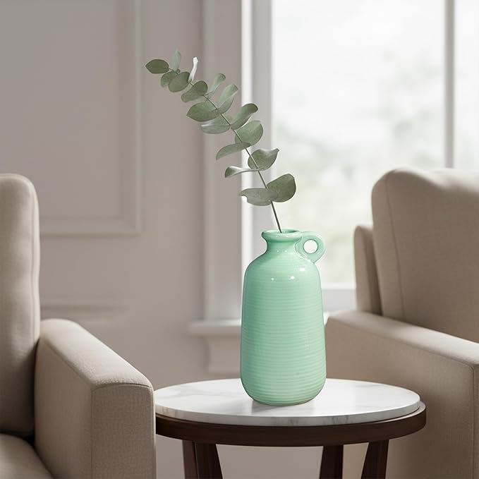 Sunddo Ceramic Flower Vase 10 Inch - Green Decorative Vases with Handle, Modern Vase for Home Decor, Mantel, Living Room, Bedroom, Table, Bedroom Decor