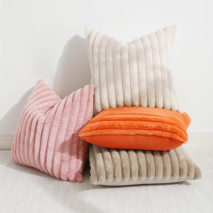 decorUhome Faux Fur Christmas Throw Pillow Covers 24x24 Set of 2, Decorative Soft Plush Striped Neutral Couch Euro Pillow Covers with Velvet Back for Sofa, Bed, Living Room Home Decor, Beige