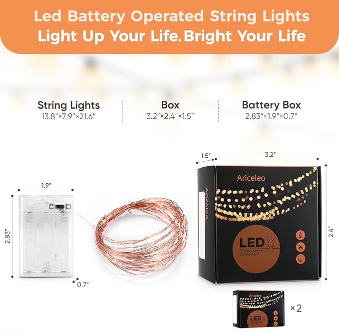 2 Pack 16.4ft Battery Operated String Lights with Timer, Multi Color with Synchronized Twinkle Mode, Fairy Lights Battery Powered, 50 LED, Idea for Christmas Bedroom Party Wedding