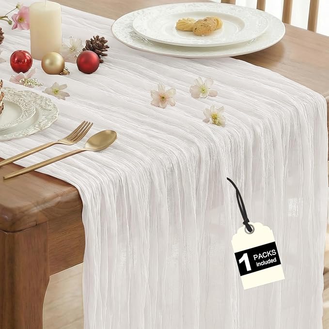 IVAPUPU 1 Pcs Cheesecloth Table Runner - 10ft Ivory White Boho Gauze Cheese Cloth Table Runners for Baby Shower Decoration Wedding Party Summer Garden Farmhouse