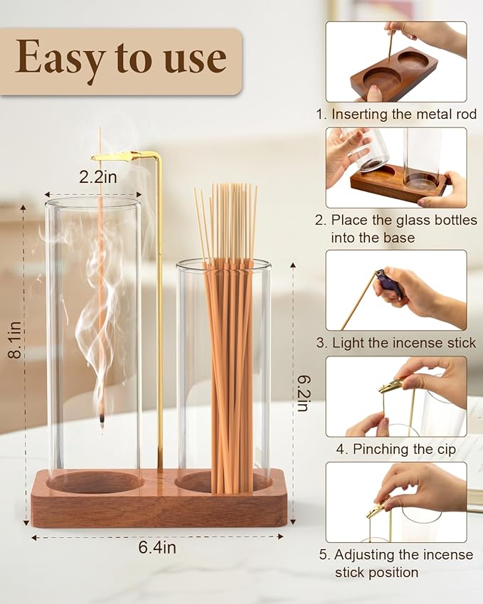 Incense Holder, Large 2 in 1 Incense Sticks Holder, Upside Down Wooden Incense Burner Holder with Glass Ash Catcher & Incense Storage for Meditation Yoga Spa Home Decor, with 20 Incense Sticks & Brush