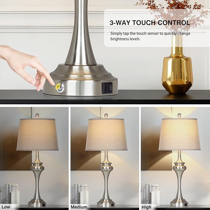 30 inch Silver Table Lamp Single, 3 Way Touch Control Bedside Lamp with USB A+C Ports, Modern Brushed Nickel Bedroom Lamps for Nightstand, Tall Metal Living Room Lamps for Side Table Office