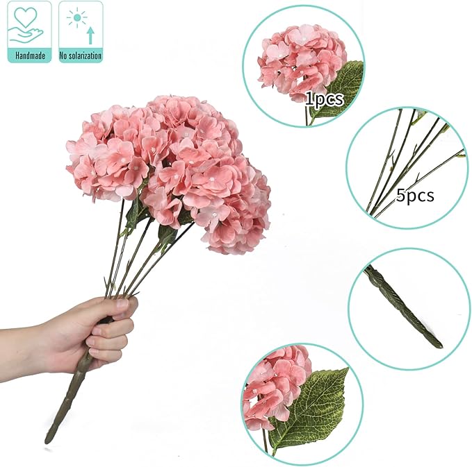Kimura's Cabin 2Bouquets Fake Hydrangea Flowers Vintage Artificial Silk Hydrangeas Flower 10Heads Faux Floral for Home Table Centerpieces Wedding Party Decoration(Watermelon Pink)