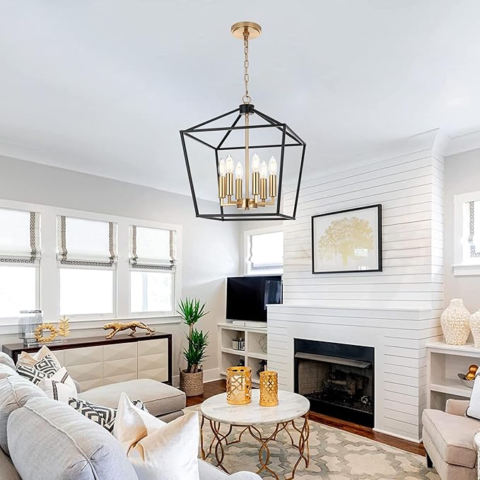 MELUCEE Black Lantern Pendant Light 6 Light Industrial Cage Chandelier with E12 Brass Candle-Shaped Base Rustic Geometric Hanging Light Fixture for Kitchen Island Foyer Dining Room